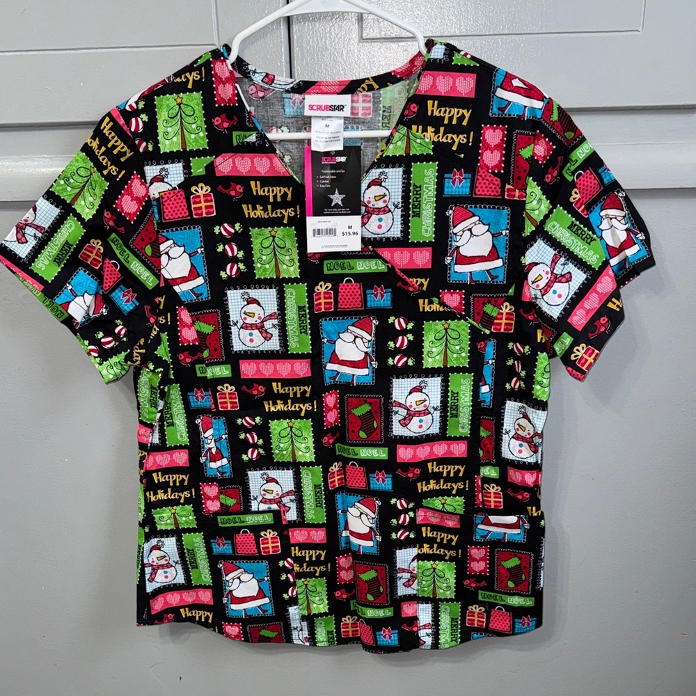 Scrubstar Women’s Black Holiday scrub Top - Happy Holidays